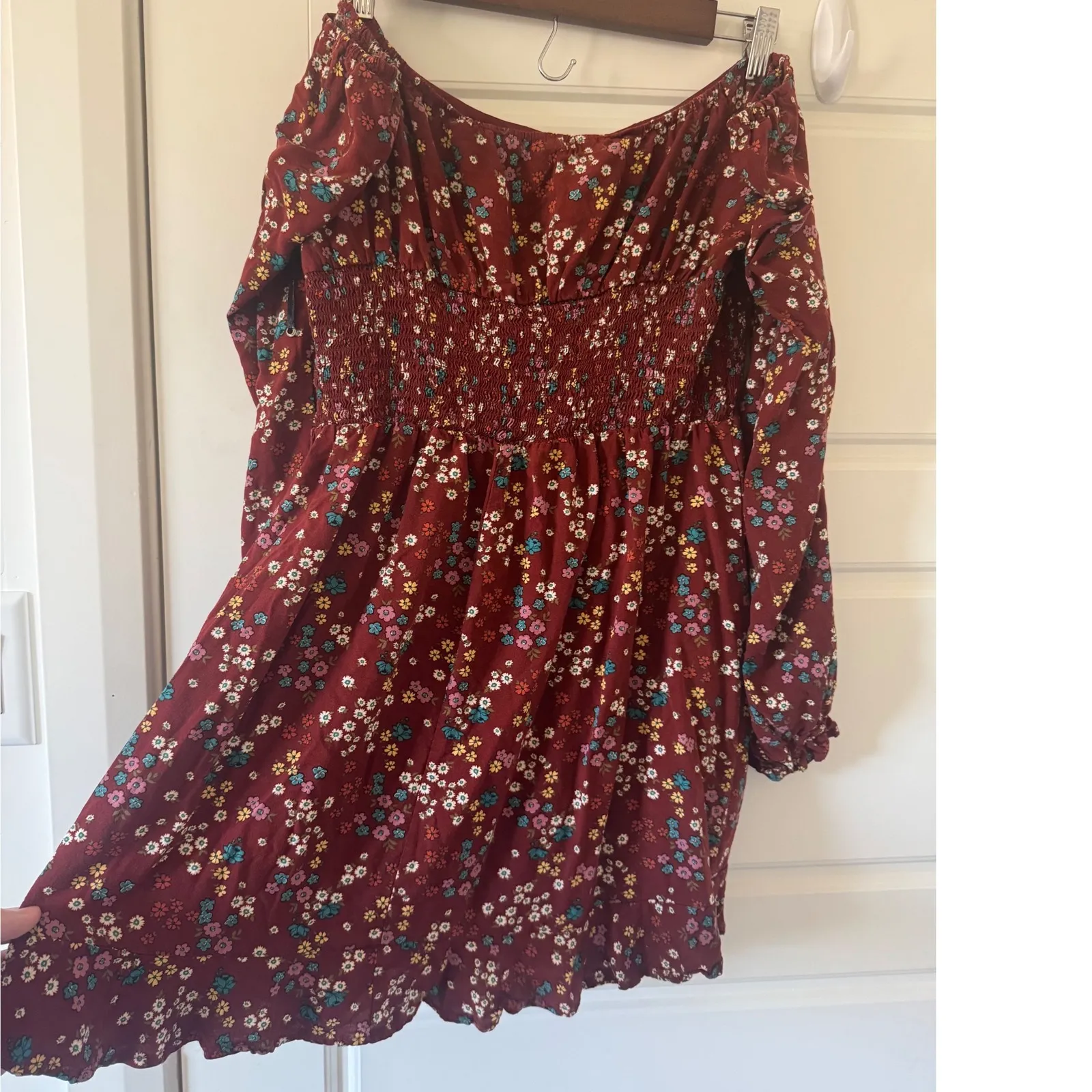 3rd + Malt sz XL Womens Red Floral Long Sleeve Tie Ruched Mini Dress Boho Dainty - Image 4