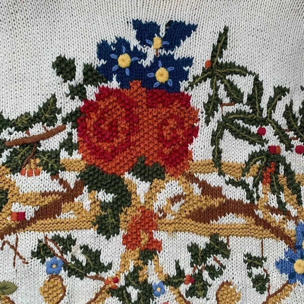 Vintage Lizi Ruch Cream Floral Embroidered Mock Neck Neutral Pullover Sweater Red - Image 12