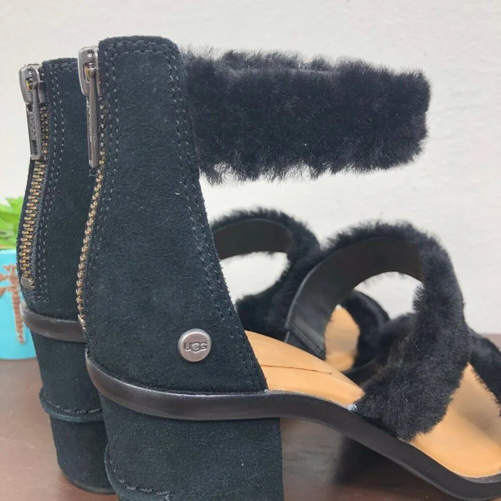 NEW Ugg Del Rey Fluff Fur Heel Open Toe Black Sandals Women's Size 6 - Image 5