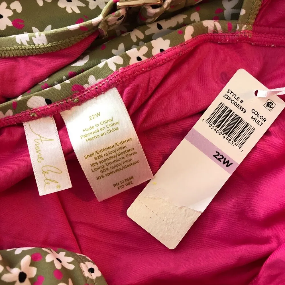 Anne Cole Scoop Neck Shirred Keyhole Back One-Piece Swimsuit Floral Green 22W - Image 4