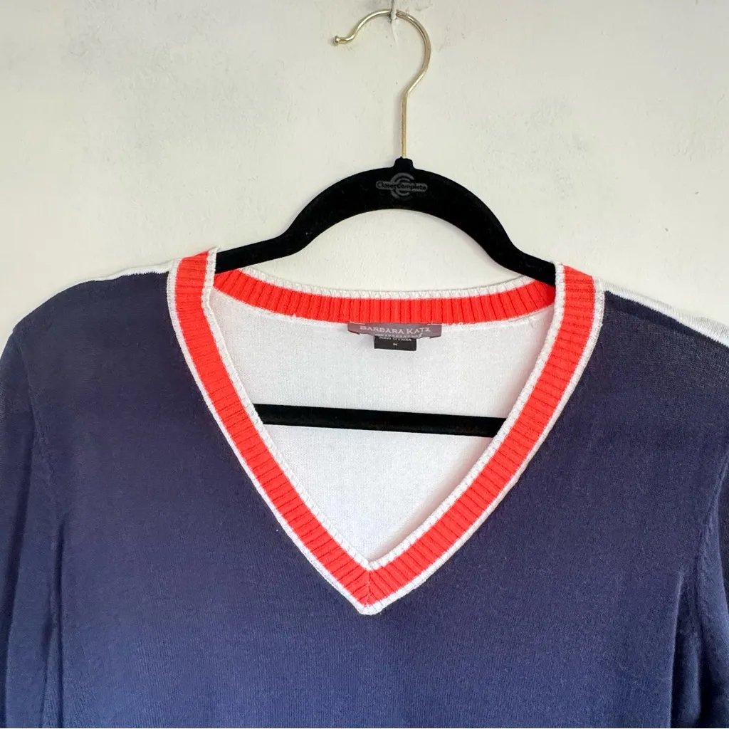 Barbara Katz Women’s Lightweight V Neck Color Block Sweater Navy Blue White Sz M Size M - Image 2