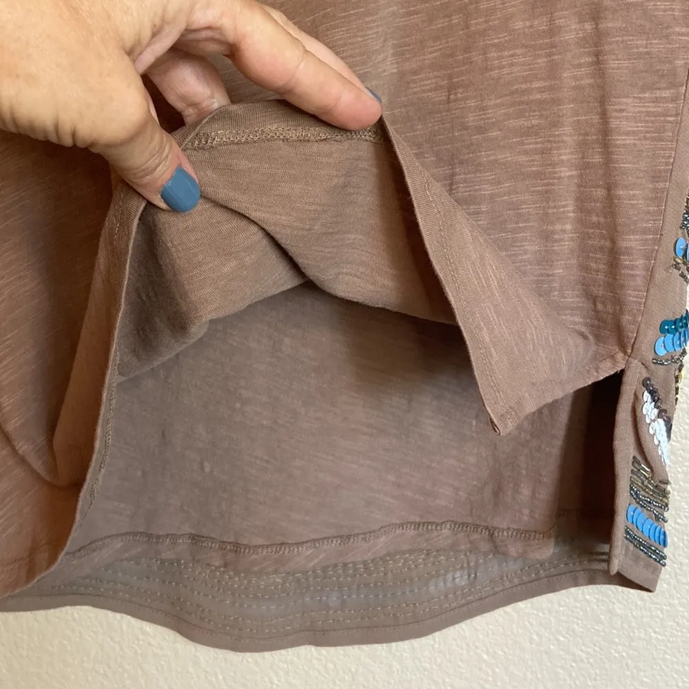 DELETTA ANTHROPOLOGIE S Sequined Beaded Sleeveless Cap Sleeve Shirt Top Tan Blue - Image 8