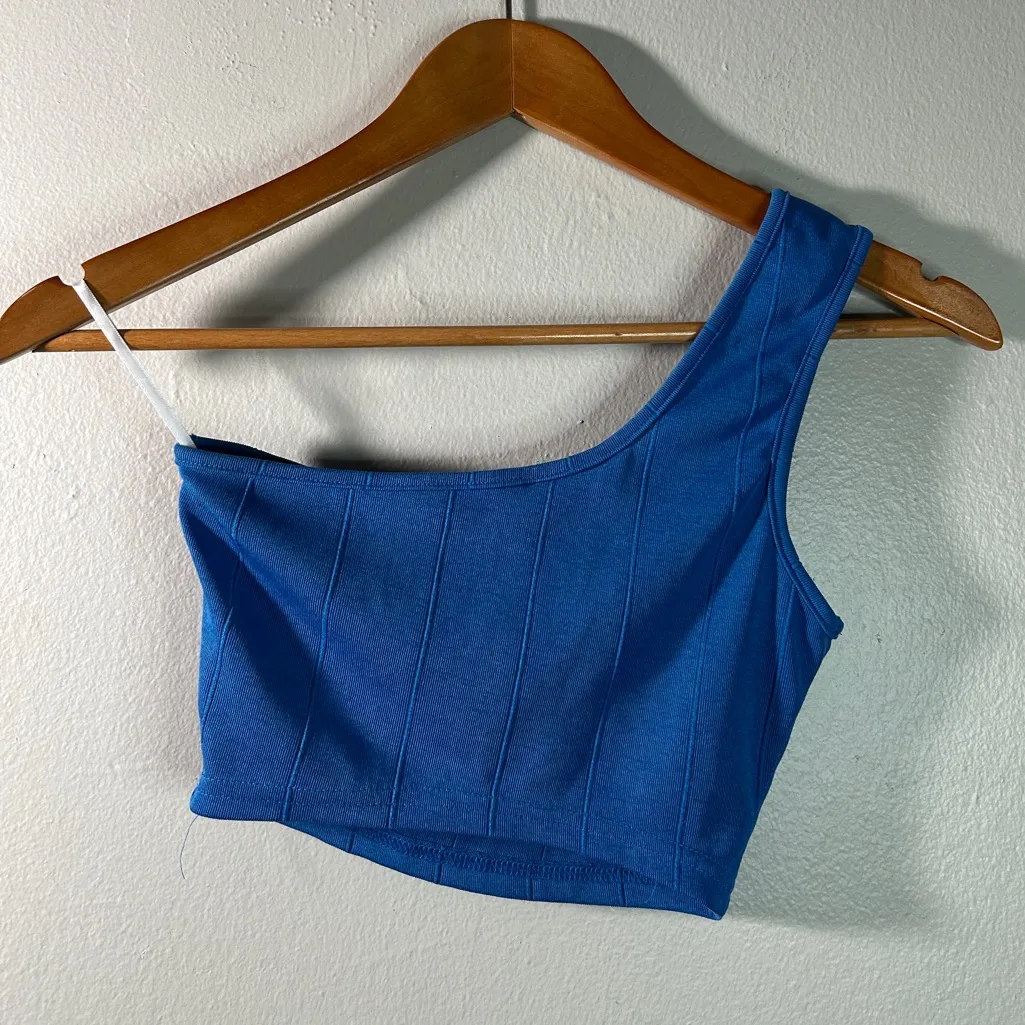 Clean Girl Vibrant Blue Ribbed Soft Sensual One-Shoulder Casual Women's Crop Top - Image 4