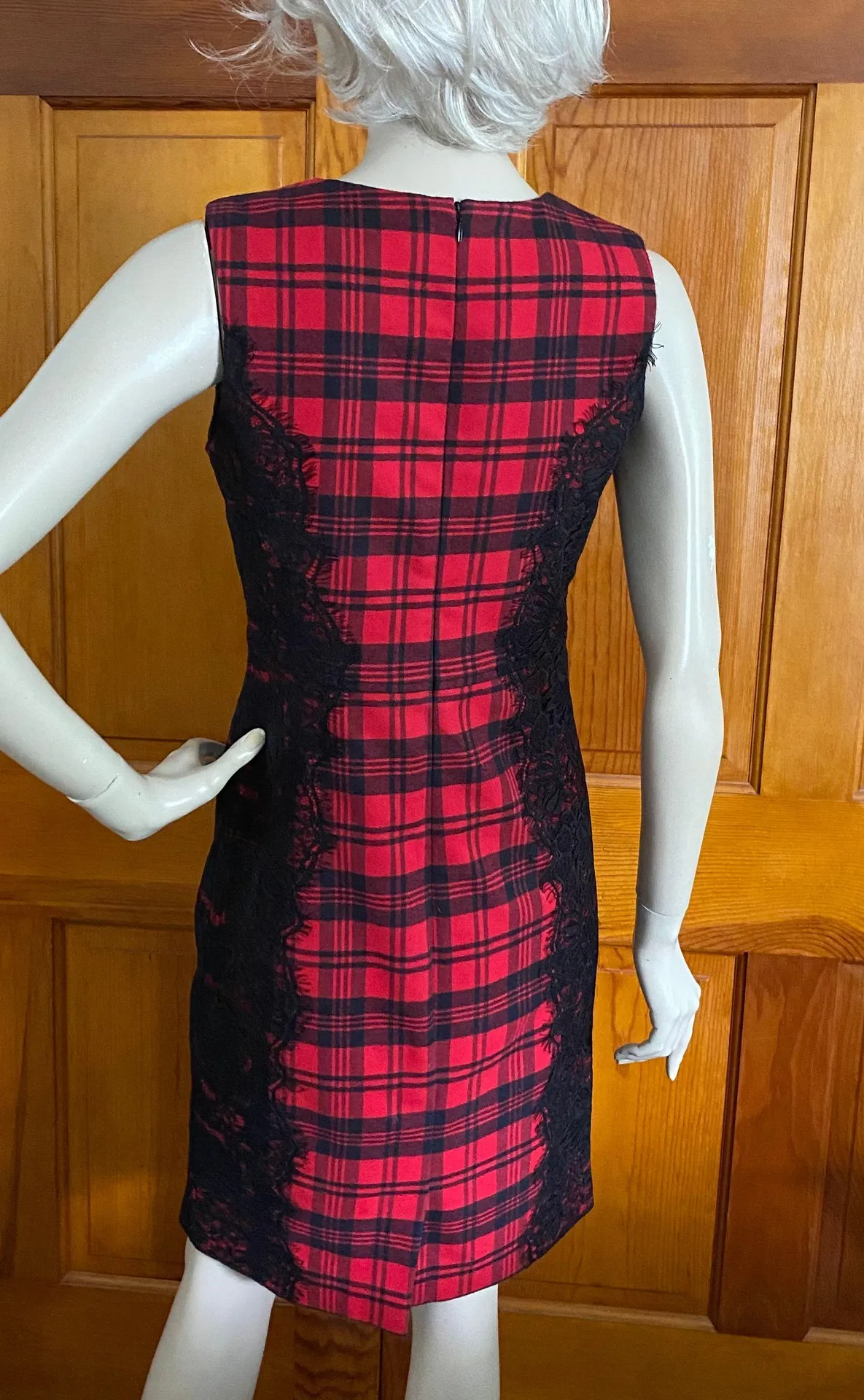 Red Black Lumberjack Buffalo Plaid Lace Sheath Dress 2 - Image 3