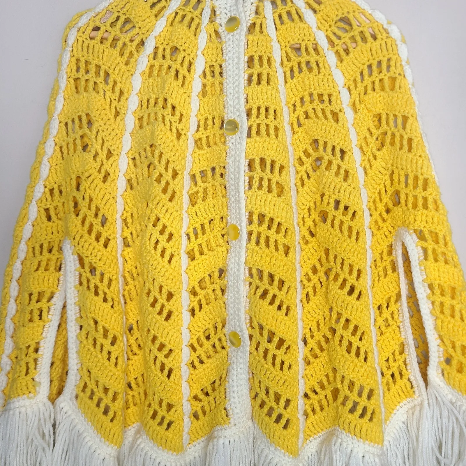 Vintage Handmade Crochet Cape Poncho Fringe Yellow Button Front Shawl Sweater Size undefined - Image 2