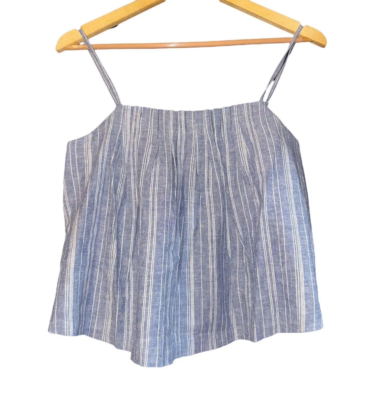 NWT Outerknown Linen Blend Tides Crop Top Womens XS Pleated Striped Chambray Blue - Image 4