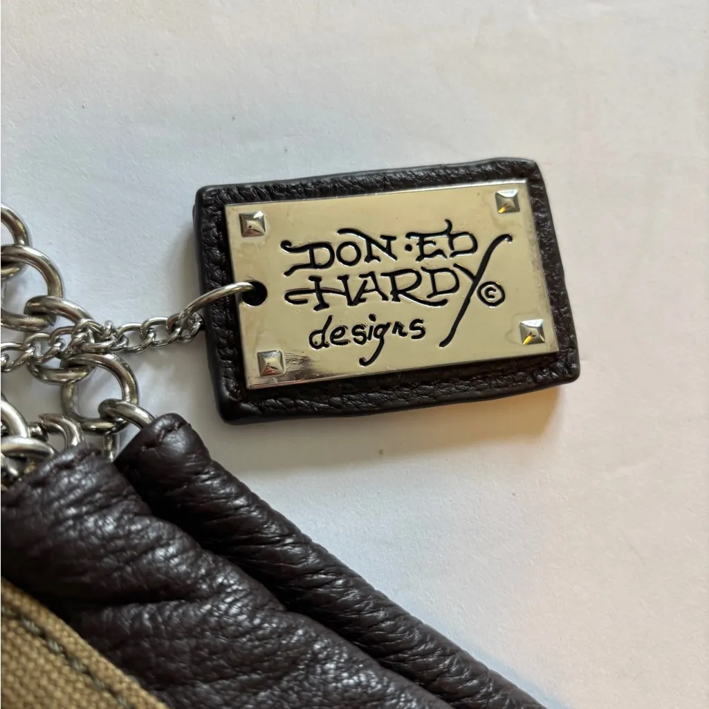 ED HARDY BLACK AND KHAKI CANVAS HAND BAG WITH CHAIN HANDLES AND GRAPHIC DESIGN - Image 7