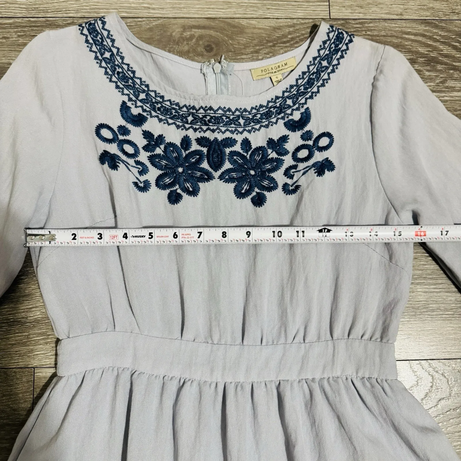 Polagram Light Blue Embroidery Long Sleeves Cottagecore Peasant Zippered Dress S - Image 11