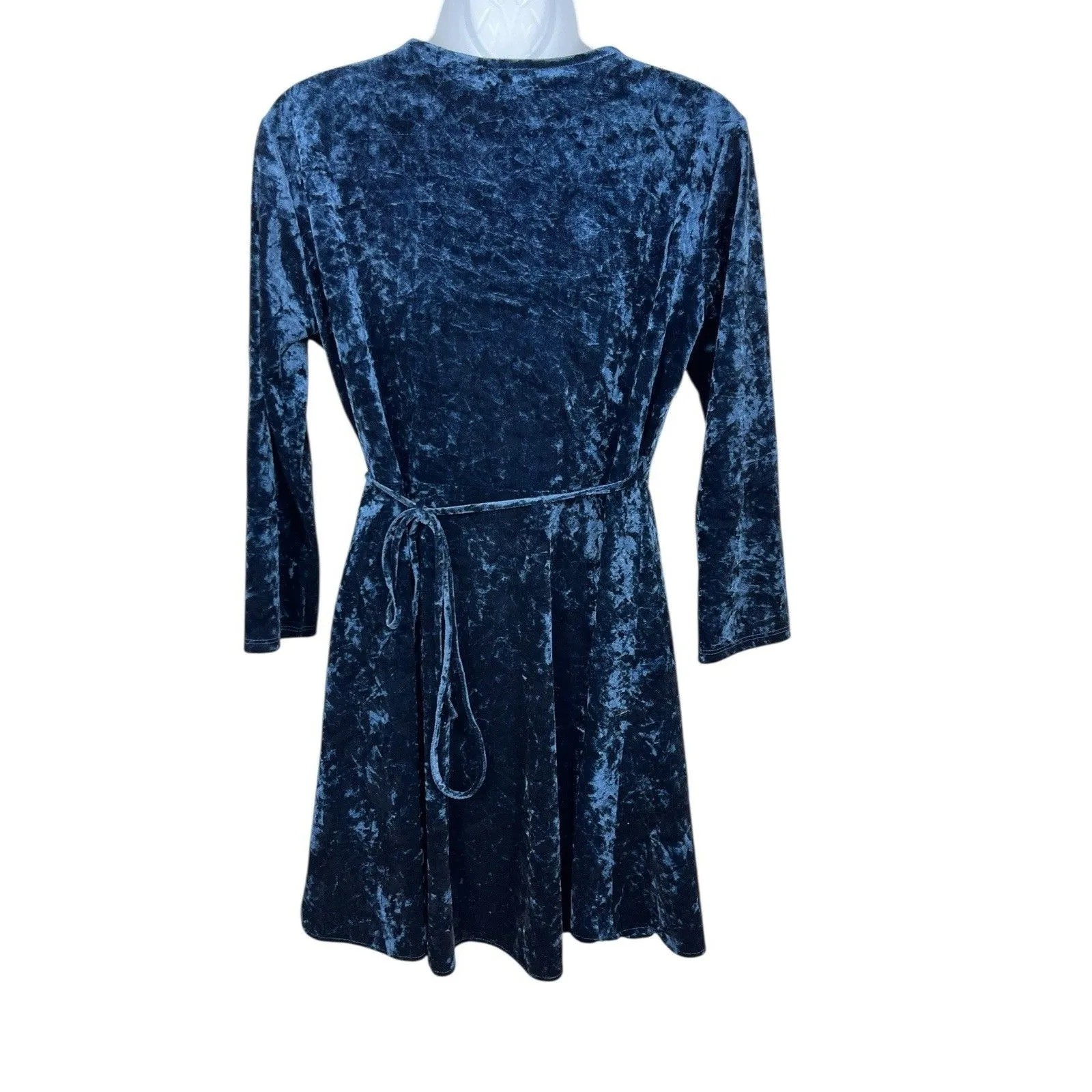 Lulus Women’s Blue Crushed Velvet Wrap Dress Size L Fit & Flare Holiday Party - Image 2