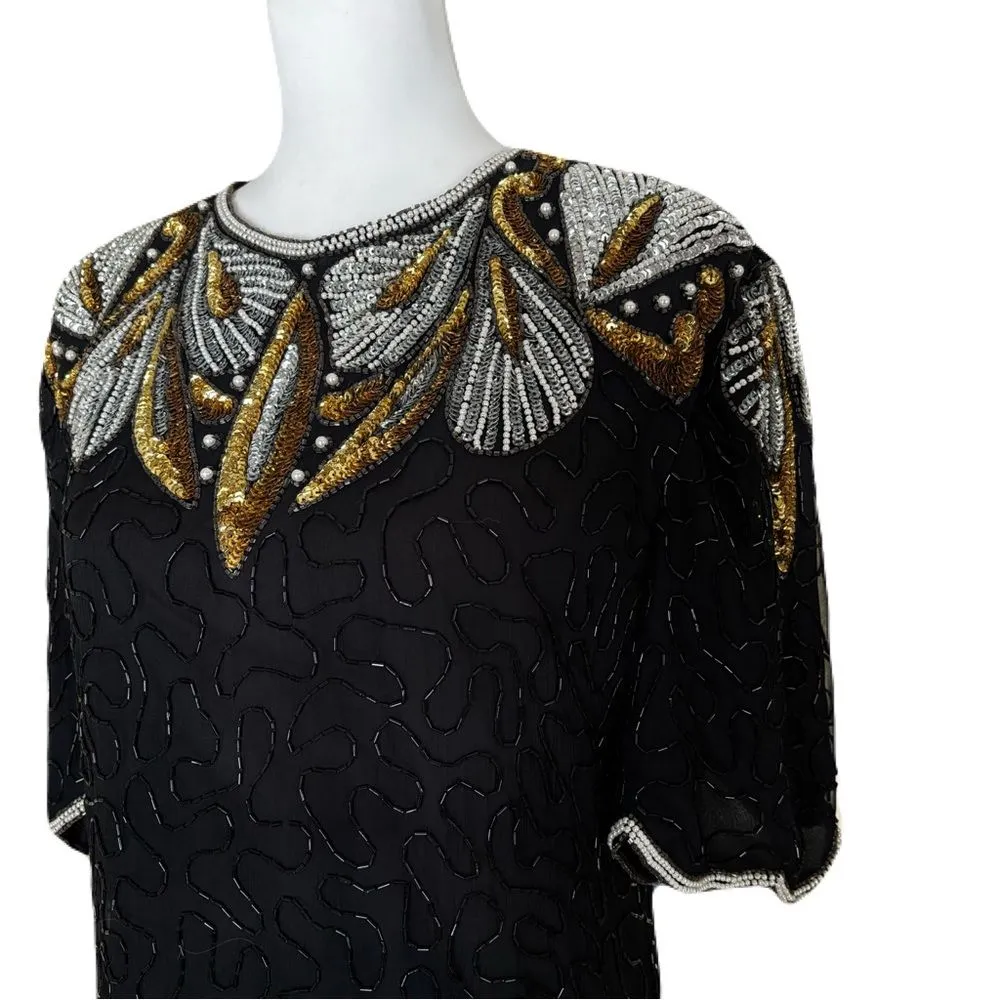 Laurence Kazar Black Beaded & Sequin Top | Silver & Gold Detail | Size M - Image 3