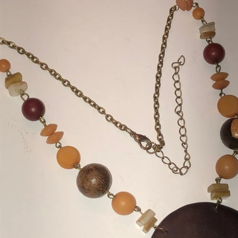 Vintage Wooden Pendant & Soft Satin Gold Beaded Chain Boho Necklace Brown - Image 5