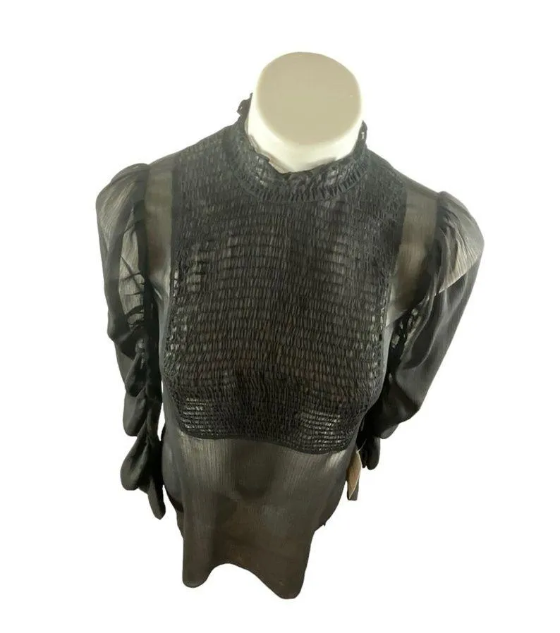 Zara Black Sheer Smocked High Neck Smocked Front Panel Ruched Sleeve Dress - Image 8