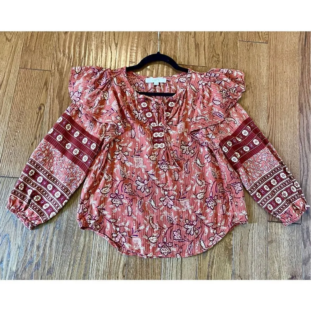 Loft burnt orange floral ruffled shoulder long sleeve blouse - Image 7