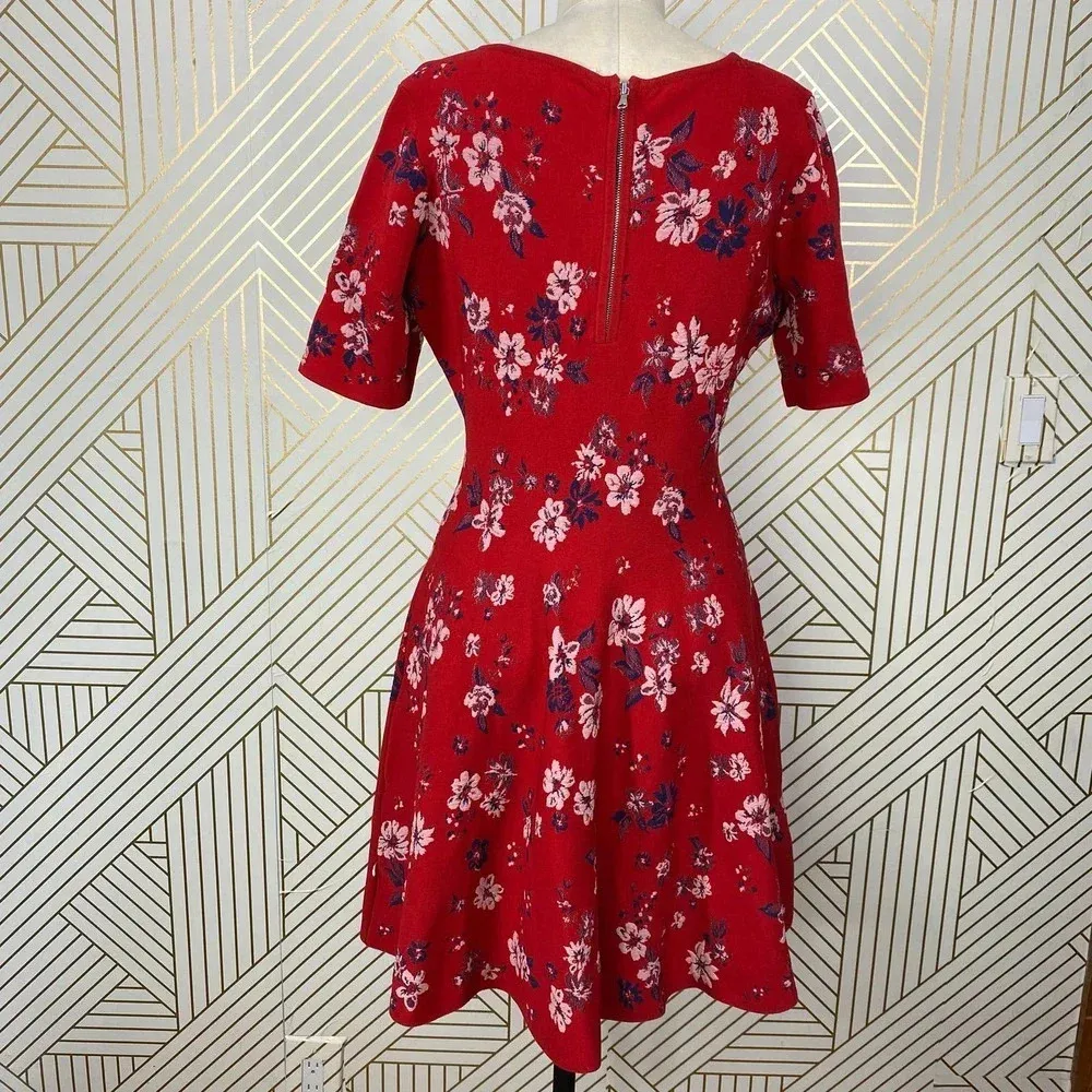 Milly Twilight Fit & Flare Dress Short Sleeve‎ Red Floral Print Size Large - Image 6