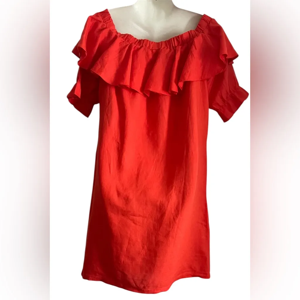 Lucy & Laurel Bright Coral Linen dress, off shoulder, puff sleeve, pockets XL - Image 4