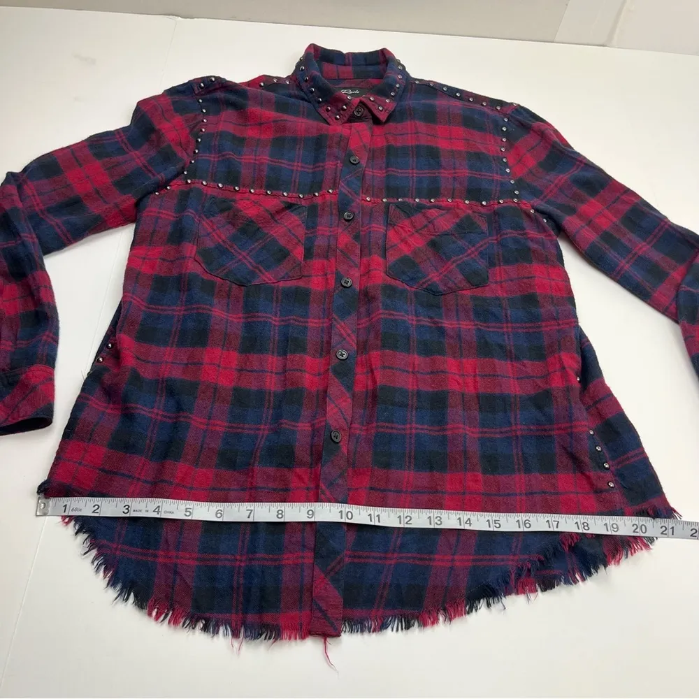Rails Navy Blue Red Plaid Rex Studded Flannel Button Up Raw Hem Shirt Size Small - Image 10
