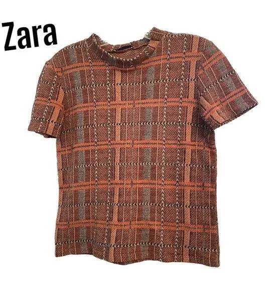 Zara Madras Top Burnt Orange & Black S - Image 2