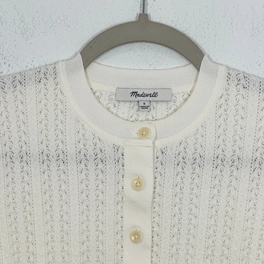 Madewell Ivory Knit Open Weave Cardigan Sweater Buttons Ruffle Cuff Womens S - Image 2