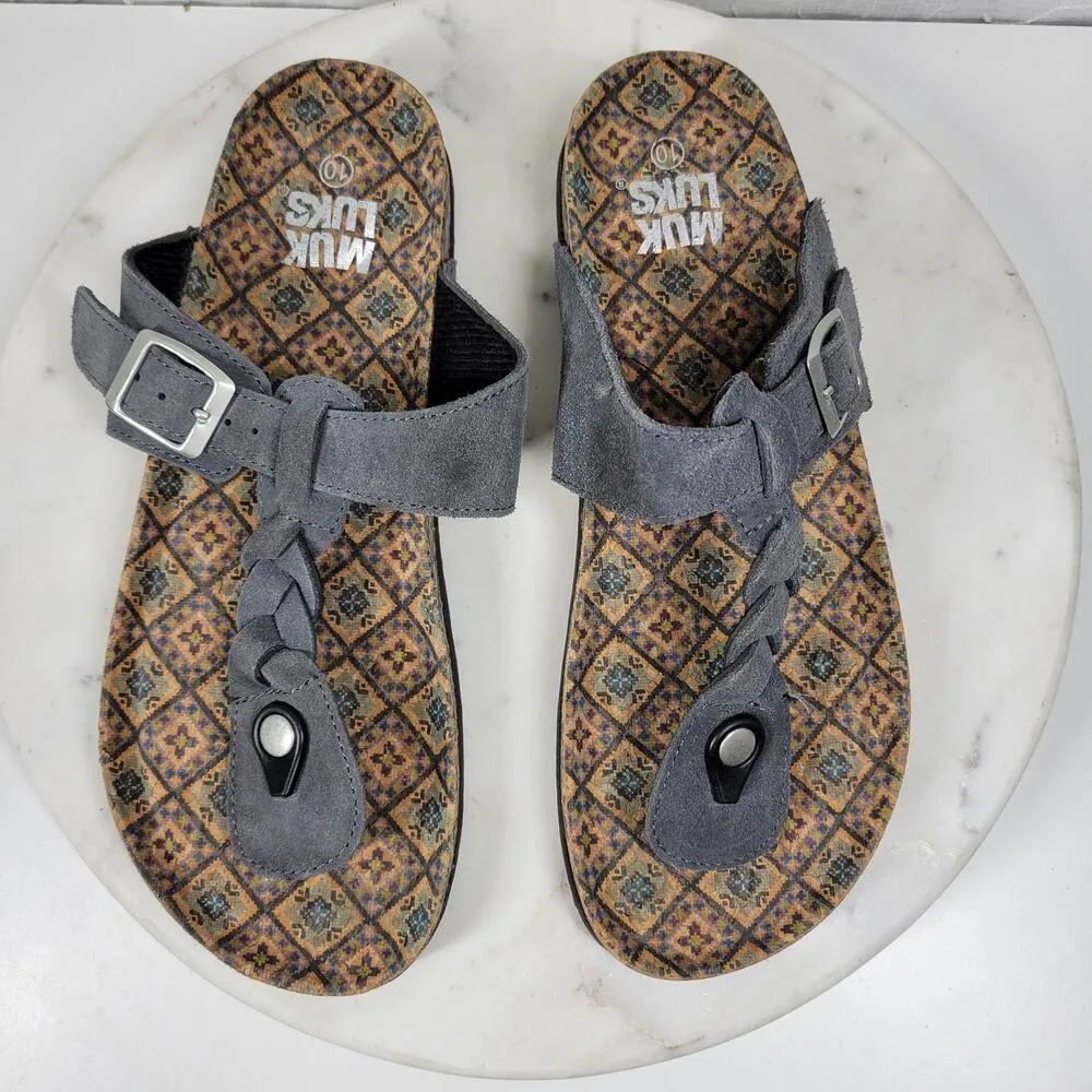 MUK LUKS Marsha Thong Sandals Womens 10 Black Braided Cow Leather Slip On Buckle - Image 2