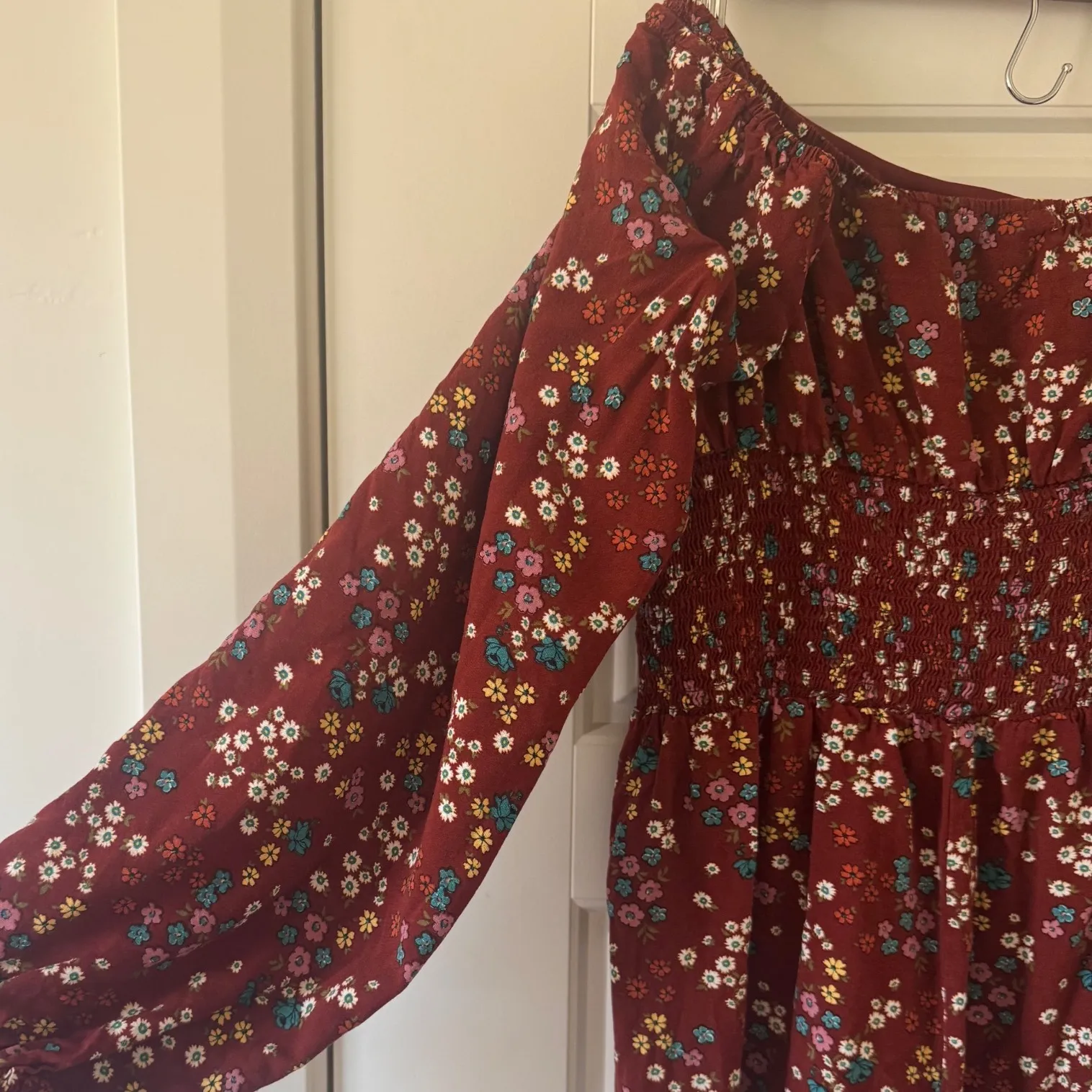 3rd + Malt sz XL Womens Red Floral Long Sleeve Tie Ruched Mini Dress Boho Dainty - Image 6