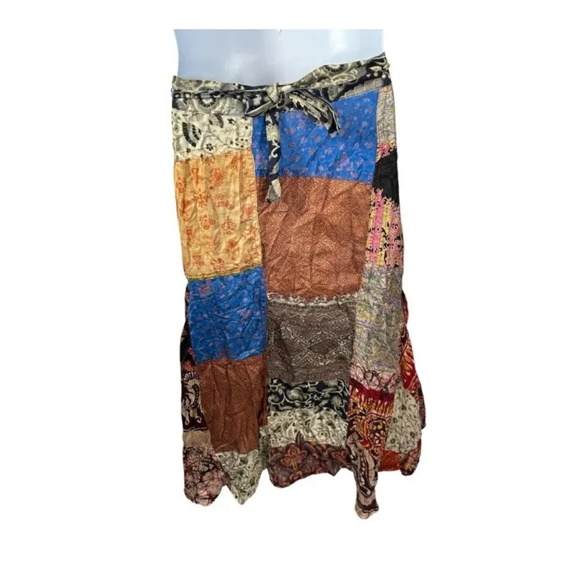 Zapata Collection Boho Patchwork Wrap Maxi Skirt Rayon Made in Nepal Pink Size undefined - Image 10