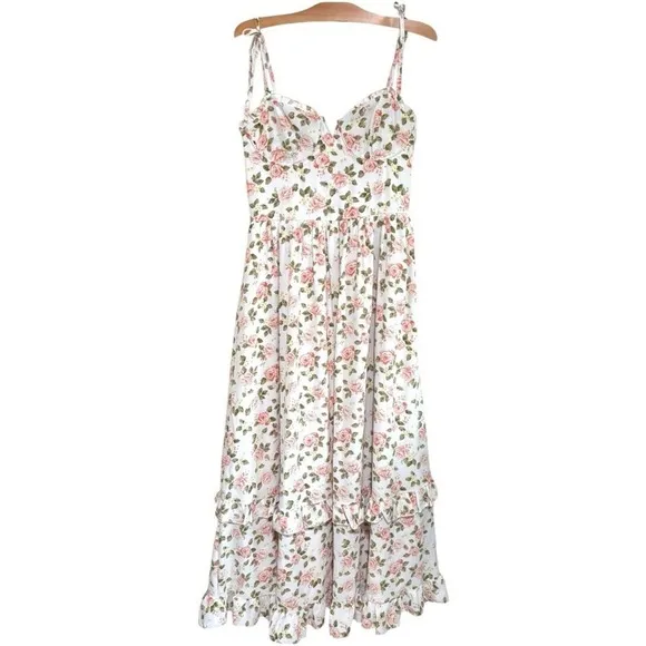West of Melrose Floral‎ Print Maxi Dress Tiered Ruffle Milkmaid Cottage Sz M White Size M - Image 5