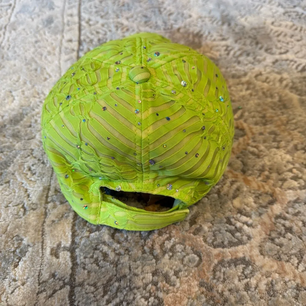 Vintage Brat Green Baseball Hat Rhinestone Sequins Sparkly Y2K Bling Mesh - Image 3