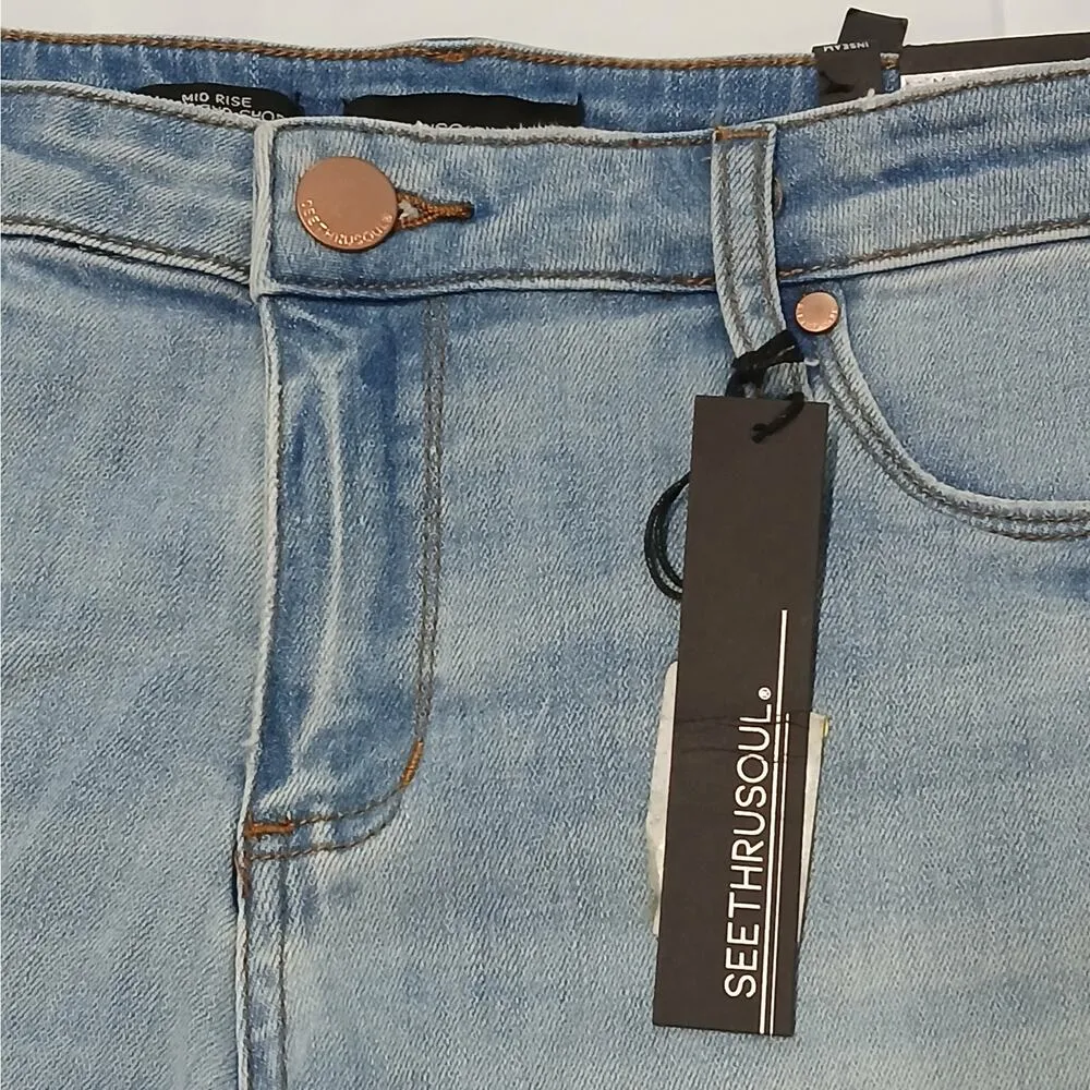 SeeThruSoul Mid Rise Boyfriend Shorts Women's 27 Blue Denim Jeans Daisy Dukes - Image 4