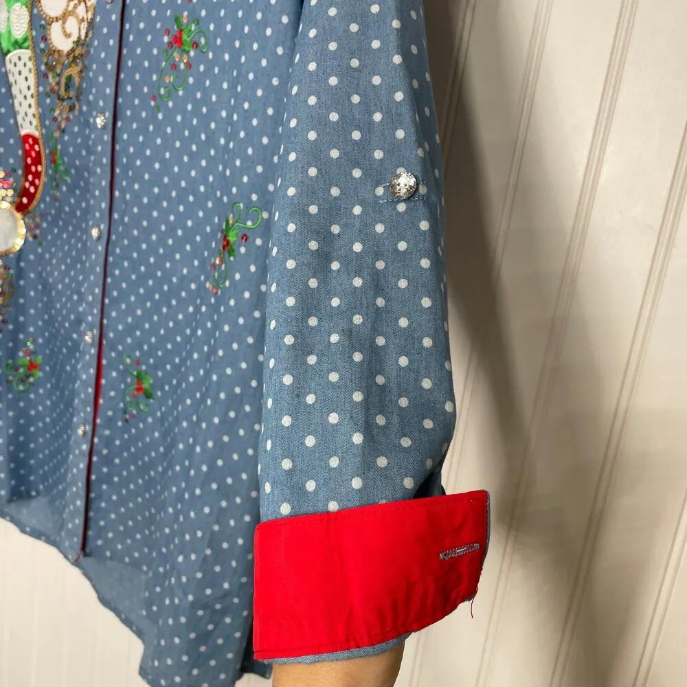 Jack b. quick Women’s Blue Polka Dot Sequined Holiday Button Blouse Size S - Image 5