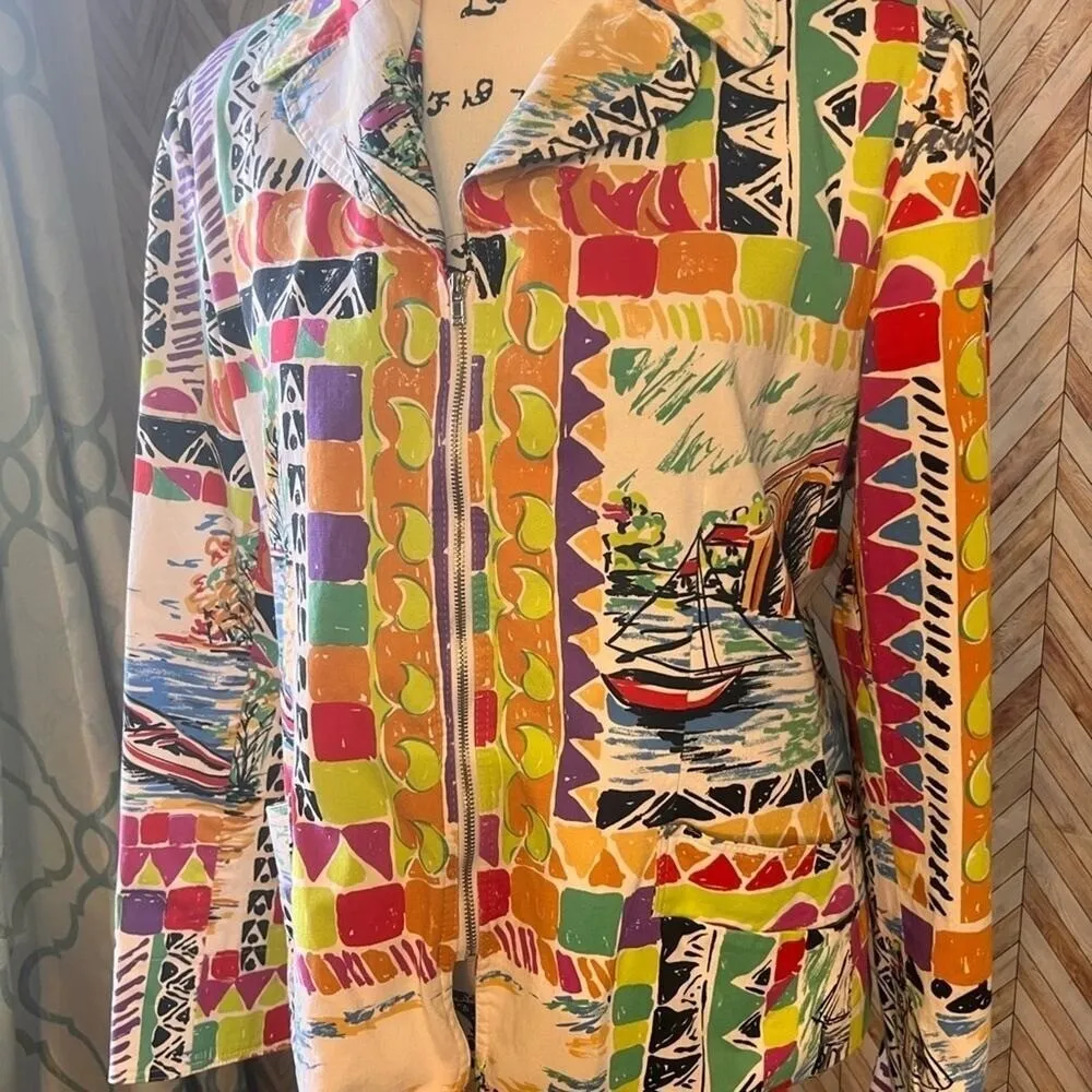 Vintage Harve Benard Women's 4 Multicolor Sailboat Travel Lined Full Zip‎ Jacket - Image 2