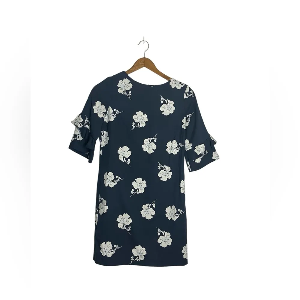 Banana Republic Navy Blue White Frills Ruffle Sleeves Floral Midi Dress - Image 2