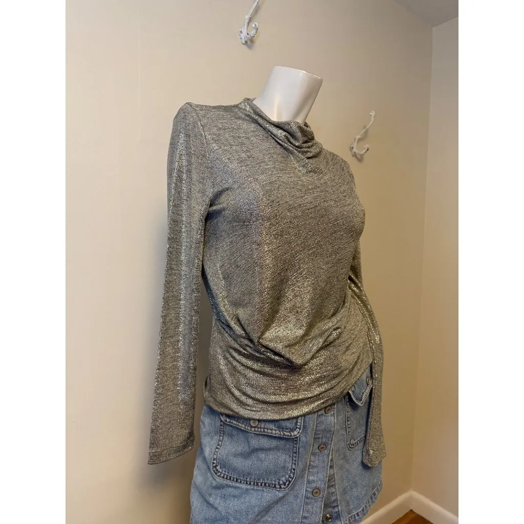 Clara Sun Woo Silver Glitter Metallic Long Sleeve Side Gathered Top Women's XS N - Image 3