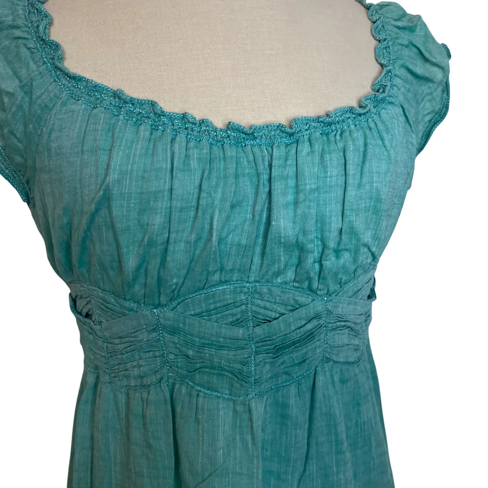 MAX STUDIO Teal Smocked Waist Off Shoulder Cap Sleeve Cotton Mini Dress Size S - Image 3