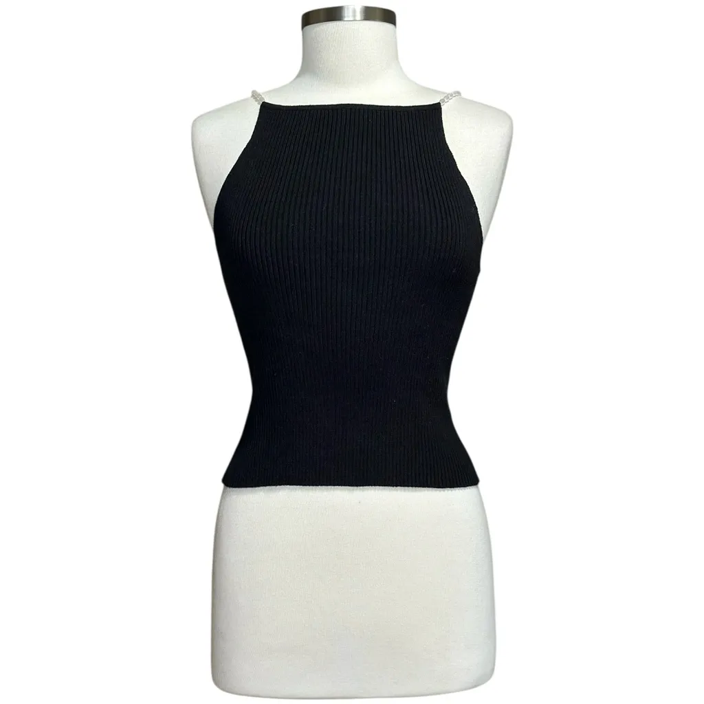 MUSIER PARIS Lena Ribbed Top W/ Pearl Straps, Black, FR40/US8 Black Size M - Image 5