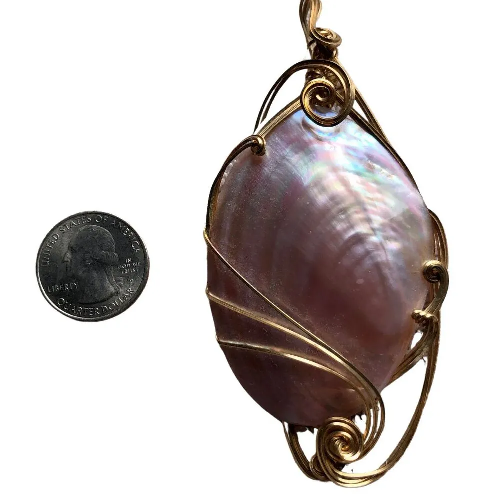 Muscle Abalone Shell Gold wire wrapped pendant necklace New Artisan Custom Made Pink - Image 2