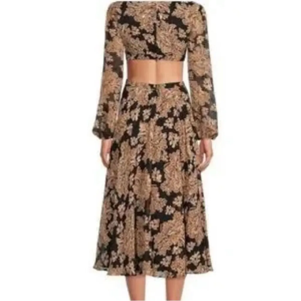 GIANNI BINI Marisol Black Floral‎ Cutout Midi Dress Long Sleeve Boho Fall Size 0 - Image 8