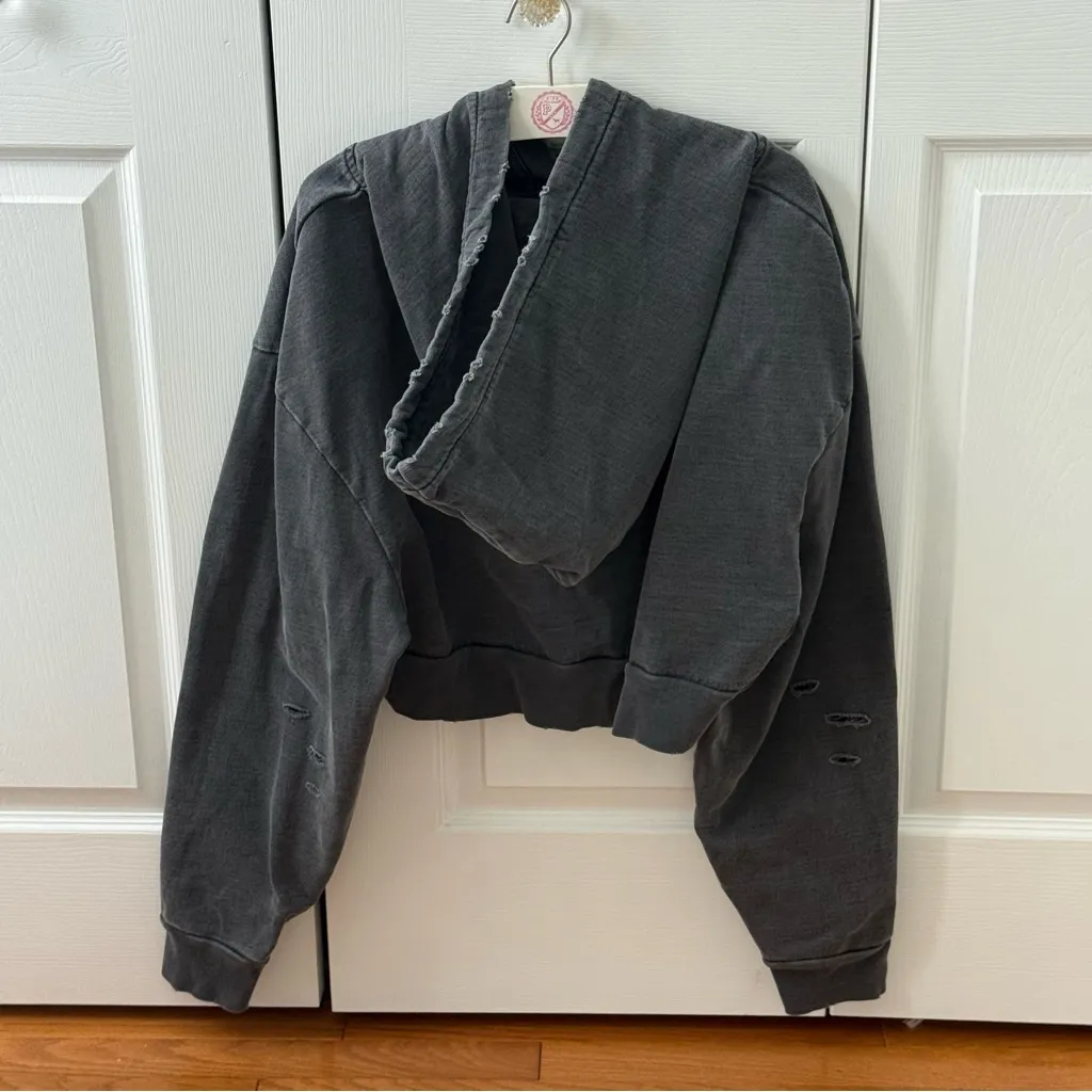 The Kooples Paris Distressed Cropped Heavyweight Hoodie in Charcoal - Image 3