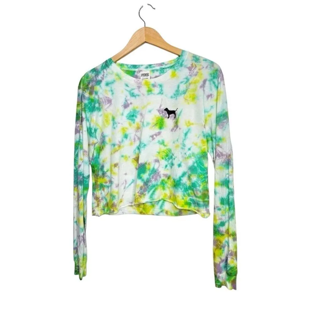 PINK Long Sleeve Shirt Size Small Cropped Crewneck Tie Dye Pullover - Image 2