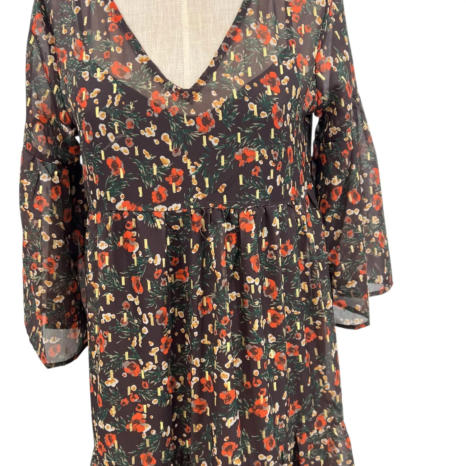 Natural Life Floral Print Midi Dress Kimono Sleeve Brown Red Size Small - Image 4