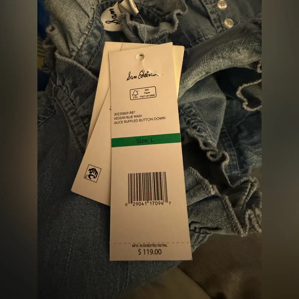 NEW Denim Cotton Sam Edelman Alice Ruffled Button Puff Sleeve Shirt 0X $119 - Image 6