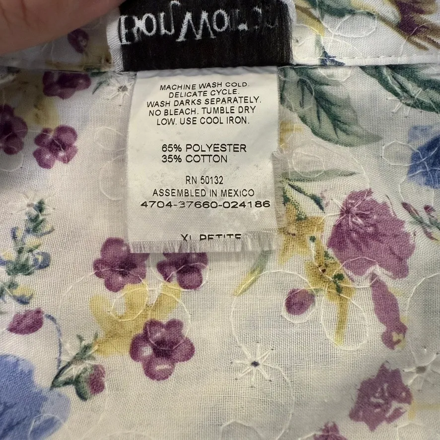 Bonworth Vintage Women's Top XL Petite Blouse Floral Birds White Purple‎ - Image 3