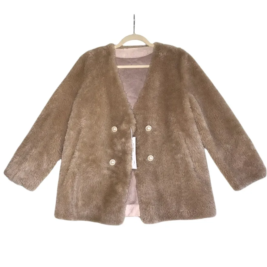 Australian Wool V Neck Fur Coat Women L Brown Soft Cozy Unique Boho Elegant NWT - Image 2