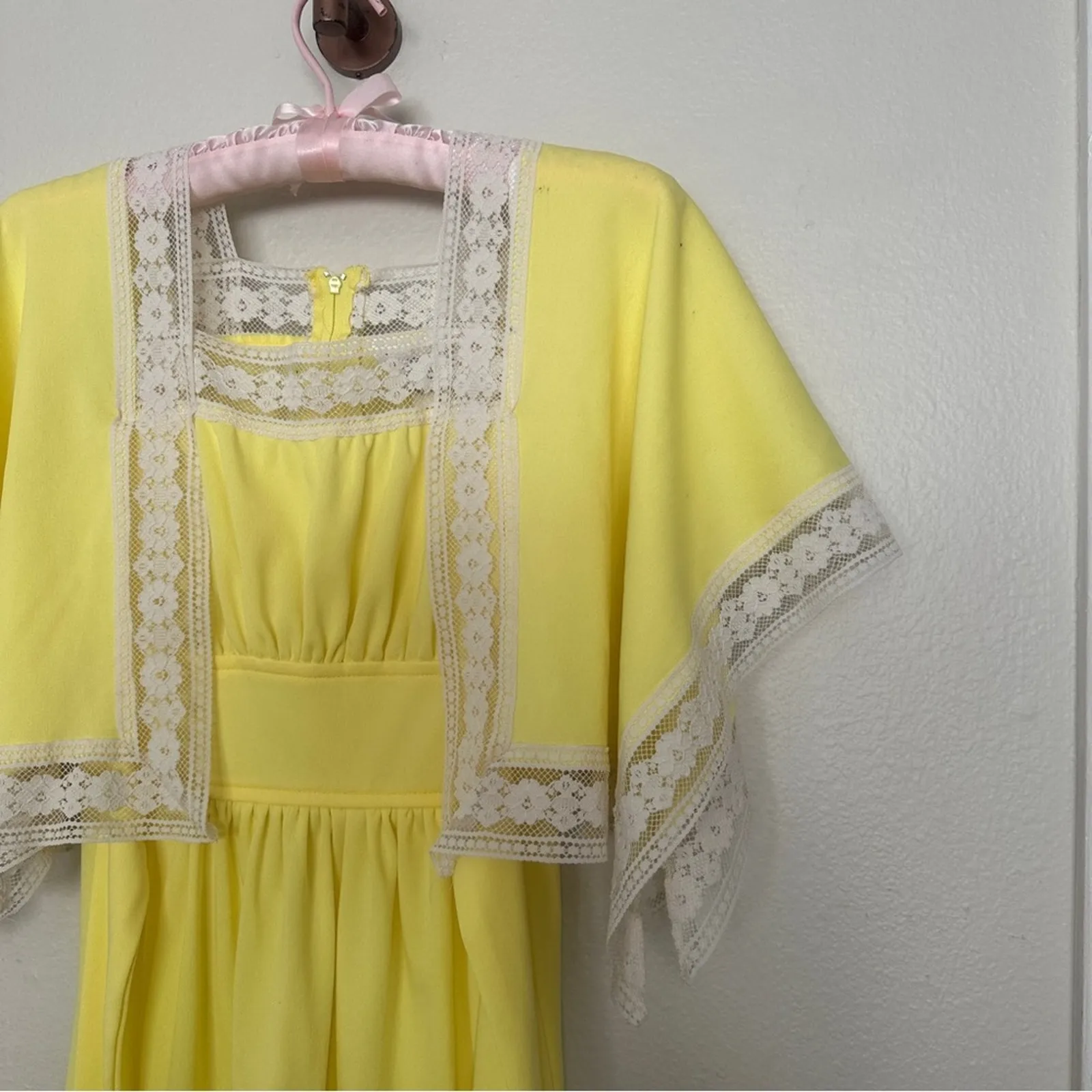 Vintage 70s JCPenney Sz 5 Yellow Maxi Dress with Lace Trim Crochet Boho - Image 3