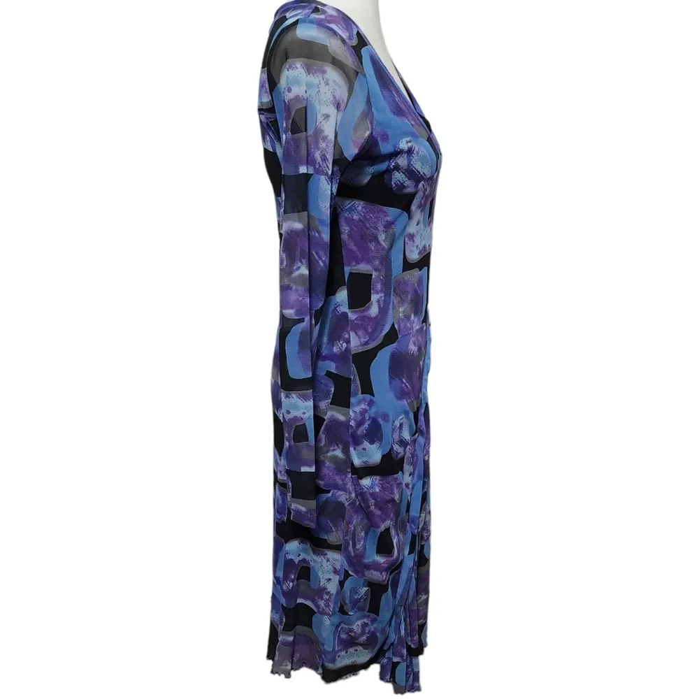 Sao Paolo blue geo mesh ruffle vneck long sleeve midi dress size 6 - Image 3