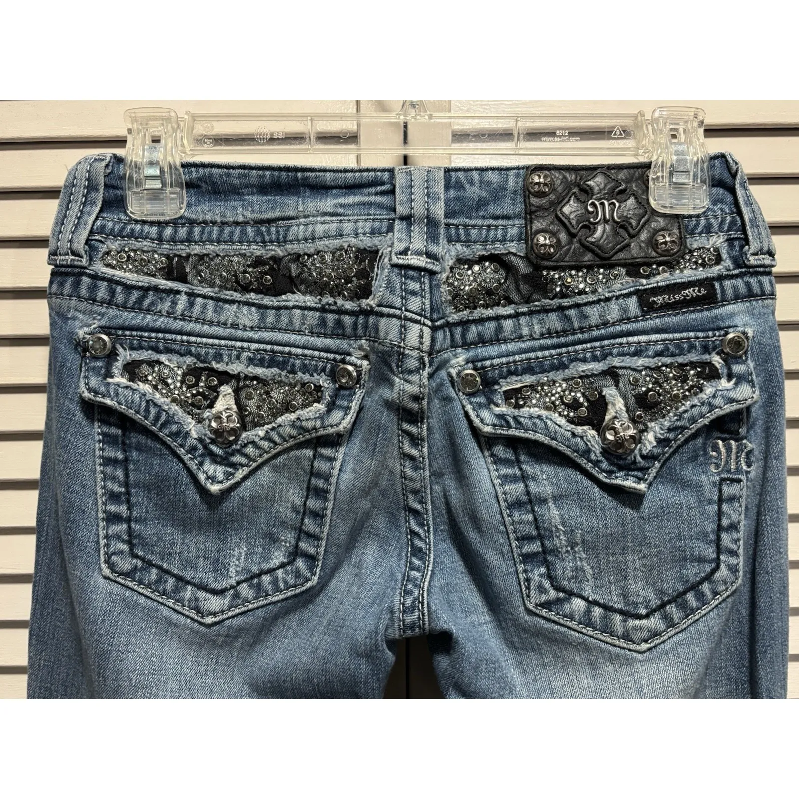 Miss Me Easy Boot  Denim Jeans Embroidered/Gems Med Wash Logo Size 26 Low Rise - Image 5