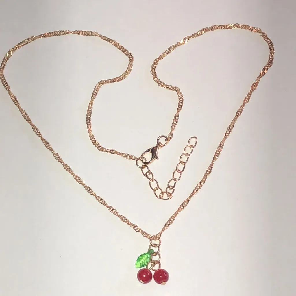Gold Tone Red and Green Boho Cherry Pendant Necklace - Image 4