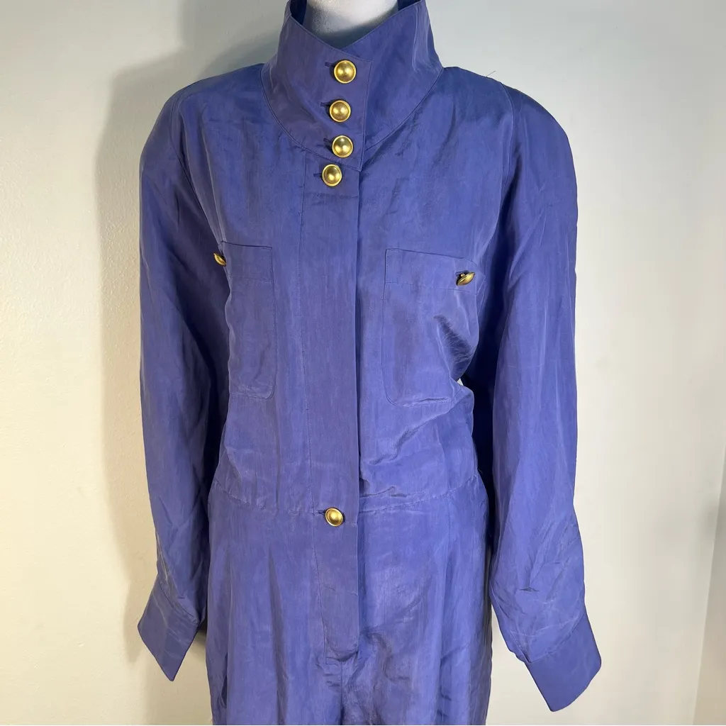 Madeline blue silk vintage Jumpsuit with Gold Accents long sleeve sz 14 80 - Image 2