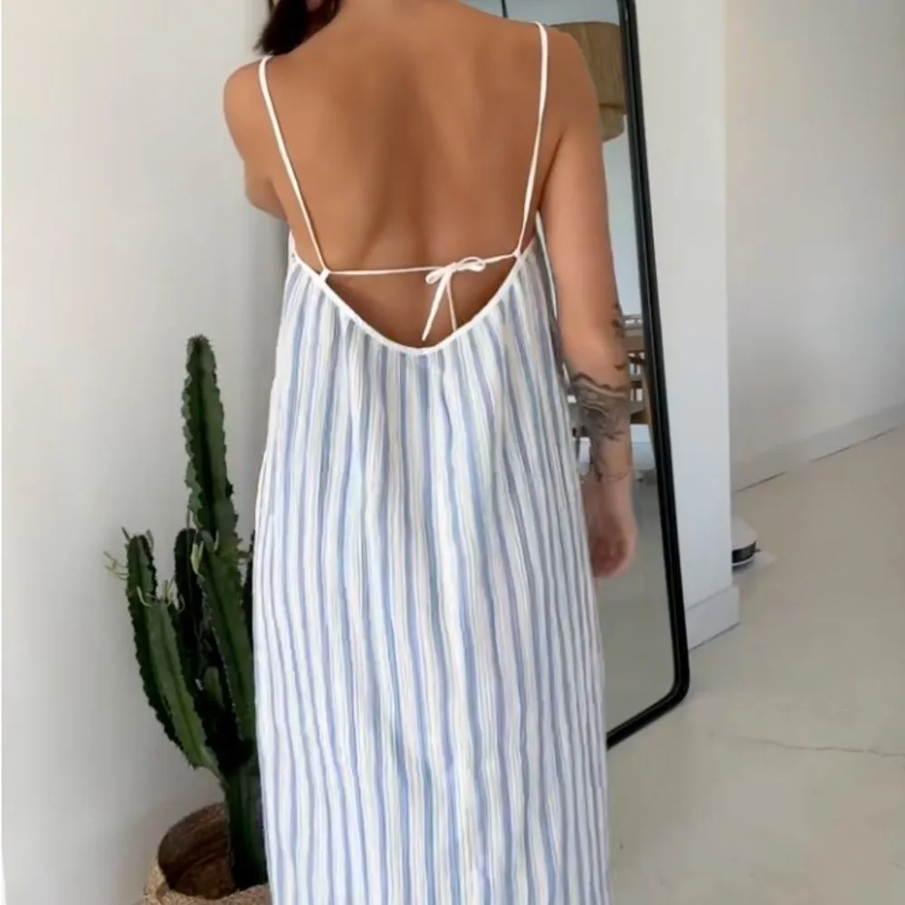 H&M Divided Tie Detail Easy Wear Midi Dress Blue and White Stripe - Image 10