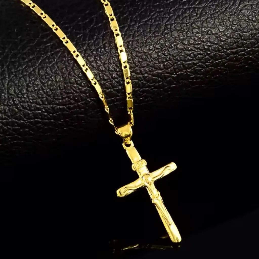 NEW Unisex 24k Yellow Gold Vermeil Crucifix Cross Pendant Necklace, 16-18”‎ - Image 2