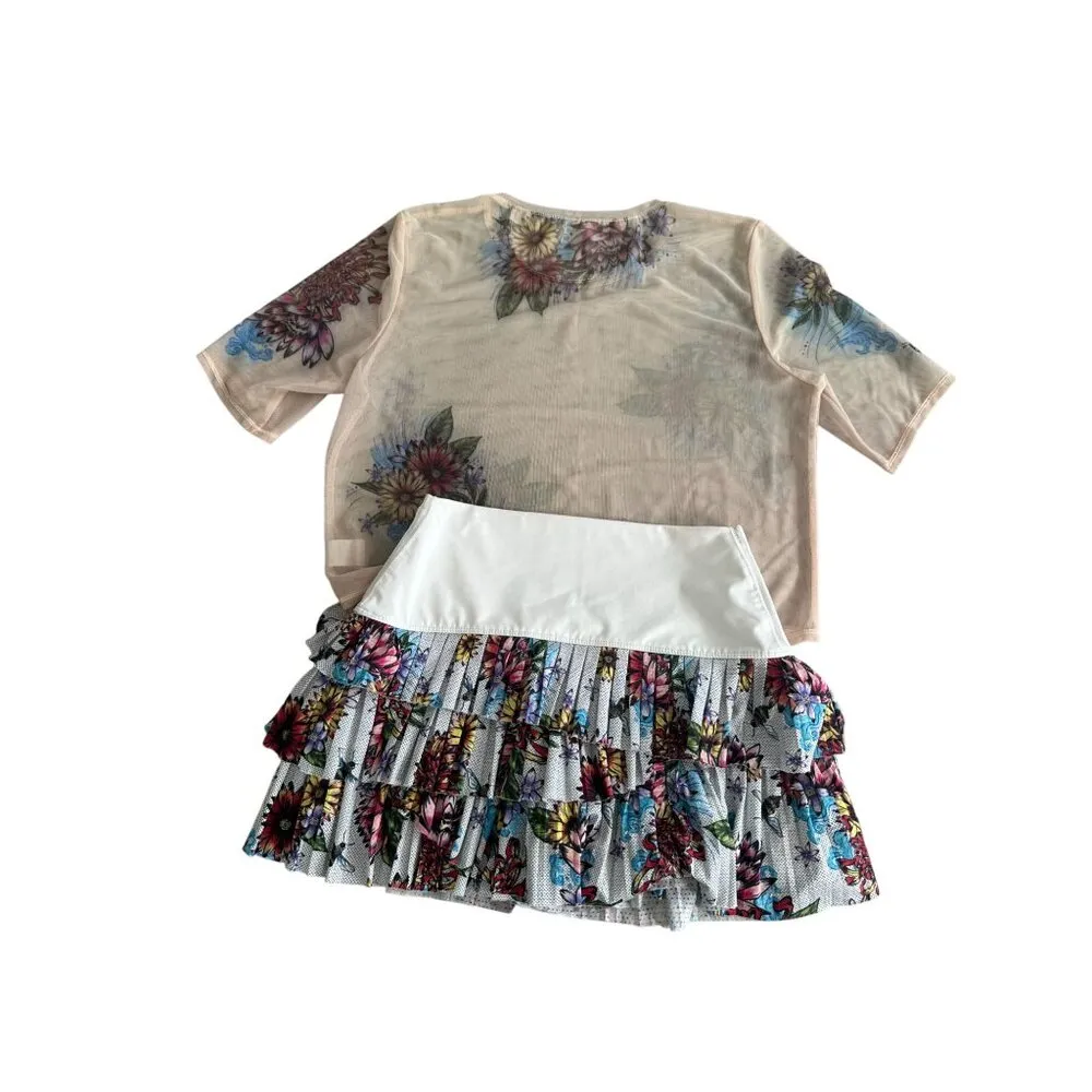 LUCKY IN LOVE X Bethanie Mattek Sands Worn White Floral Mesh Top Skort Set Sz M - Image 10